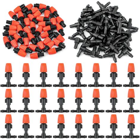 (100 pièces) Buse de brumisation réglable orange en T (7,5-10 L/h) avec raccord en T 1/4" pour système d'arrosage de jardin/serre/tuyau de 4/7 mm (1/5)