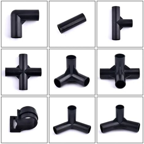 (Trois voies, noir, diamètre intérieur 19 mm) Lot de 5 raccords de tuyauterie noirs pour étagères et tentes de bricolage : té en plastique ABS, coude à quatre voies et joint droit. (1/5)