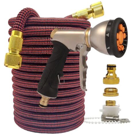 Tuyau d'arrosage haute pression extensible à rayures rouges et noires (15 m) avec pistolet à eau flexible et extensible, pour jardin, ferme et lavage de voiture. (1/5)
