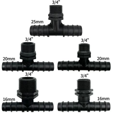 (G-4PCS) 4 raccords en T filetés 1/2" 3/4" 16 20 25 mm pour tuyaux PE, adaptateurs et joints de tuyauterie pour l'irrigation goutte à goutte de jardin. Réparation (1/5)