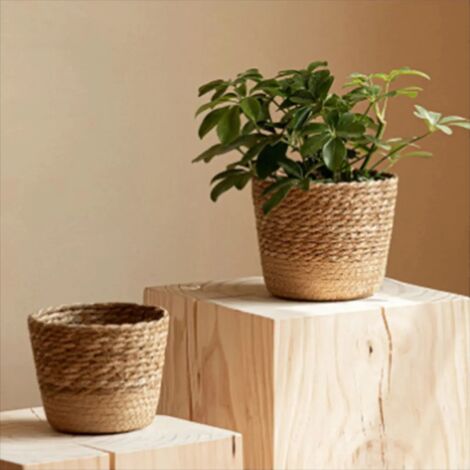 (L) Pot de fleurs tressé en algues naturelles, style vintage, grande capacité, en paille tressée, cadeau idéal pour la famille, les amis et les voisins. (1/5)