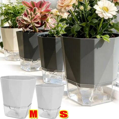 (Blanc Ivoire - S, 1 pièce) Pot de fleurs à arrosage automatique, base transparente, en plastique respirant, mèche pour l'hydratation des plantes d'intérieur, décoration pour la maison et le bureau