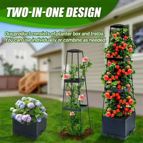 (A) Tour à tomates avec bac de plantation à arrosage automatique et treillis - pour plantes grimpantes, support de jardin intérieur et extérieur (1 ensemble)