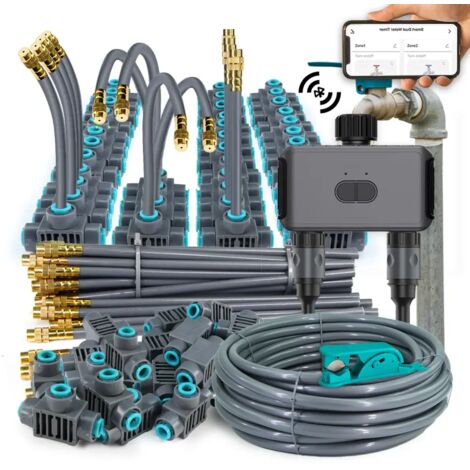 Kit B-20m : Système d'arrosage intelligent double zone indépendant avec minuterie WiFi et Bluetooth, brumisation, application de refroidissement, programme d'arrosage personnalisable et connexion rapi
