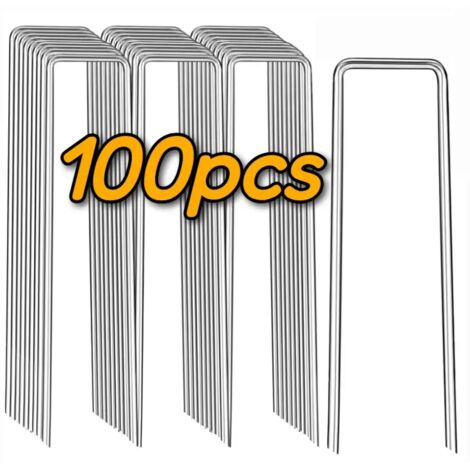 (4 x 10 cm, 50 pièces) Clous de jardin en forme de U, robustes, pour piquets de clôture, clous galvanisés pour la fixation de tuyaux d'eau, de barrières de gazon et autres éléments de jardin. (1/5)