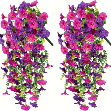 (Violet, lot de 2) Fleurs artificielles suspendues, plantes artificielles résistantes aux UV, tiges en rotin, idéales pour la maison, le jardin, les mariages et la décoration extérieure polyvalente. (1/5)