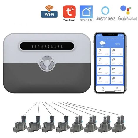 (6 zones US) Contrôleur d'arrosage intelligent WiFi, minuterie d'arrosage de jardin, système d'arrosage intelligent, compatible avec Alexa, Google Home et Tuya Smart Life
