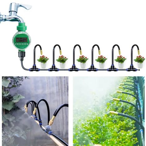 (Tuyau flexible universel de 10 m avec minuterie) avec buses réglables en cuivre jaune de 20 cm pour l'arrosage du jardin et la brumisation. (1/5)
