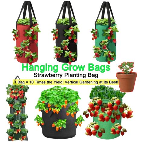 Sacs de culture suspendus (8 trous, tissu noir, 8 pièces) pour fraises et tomates. Idéal pour la culture verticale, les pots à fraises et les tours aéroponiques. (1/5)