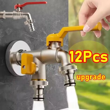 (Lot de 6 adaptateurs pour robinet d'extérieur, double sortie, 1/2'', avec vannes à bille en laiton à 4 points) pour jardin, terrasse, balcon et intérieur. (1/5)