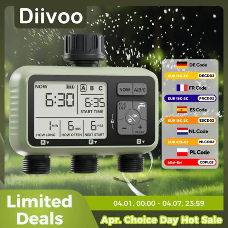 (4 ZONE-NH) Minuteur d'arrosage automatique Diivoo pour jardin, programmable à 3 zones, avec mode de retard en cas de pluie, pour l'arrosage de votre pelouse. (1/5)