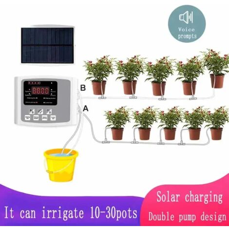 Système d'irrigation goutte à goutte pour jardin (pompe simple 10 m, gris) avec double pompe, programmateur et minuterie. Arrosage automatique intelligent à énergie solaire pour plantes.