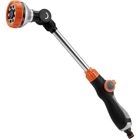 Heavy-Duty Metal Watering Wand with 180-Degree Swivel Ratcheting Head 8 Spray Patterns Hose Nozzle Sprayer Garden Supplies--Orange (1/5)