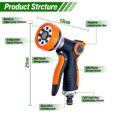 Garden Hose Spray Gun, 8 Adjustable Patterns High-Pressure Hose (1/2)