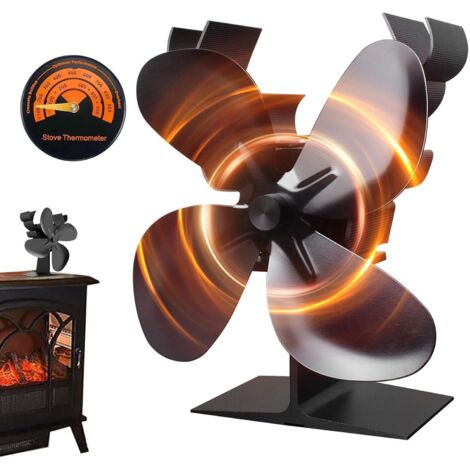 Ventilateur Poele à Bois 6 Pales, Ventilateur de Poêle avec Thermomètre, Ventilateur de Cheminée Alimenté Par la Chaleur pour Poêle à Bois/Cheminée/Gaz/Bûches de Poêle (Noir)