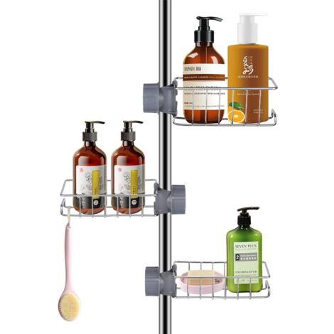 Set de 3 Étagères de Douche en Acier Inoxydable - Support de Rangement pour Barre de Douche sans Perçage - Réglable pour Tube 18-27mm - Argent (1/5)