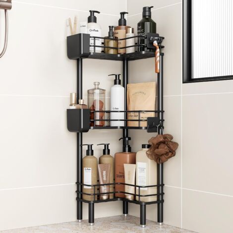 Étagère de Douche d'Angle à 3 Niveaux - Serviteur de Douche sur Pied - Rangement de Salle de Bain sans Perçage - Noir Mat (1/5)