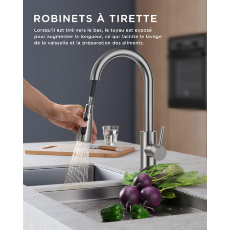 Mitigeur FORIOUS à Douchette Extractible – Acier Inox Poli, Pivotant 360°
