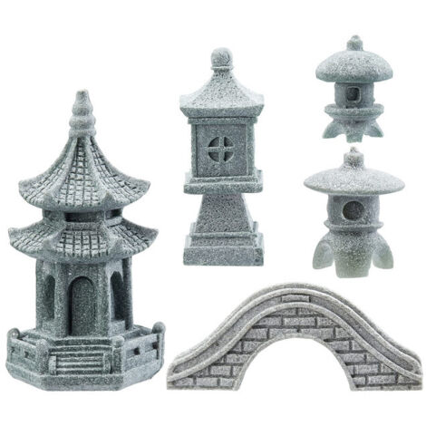 Lot de 5 Décorations de Jardin Japonais en Grès - Mini Pagodes et Pont Miniature pour Lanterne Zen, Bonsaï, Aquarium et Micro Paysage - Statues Décoratives d'Extérieur et Intérieur