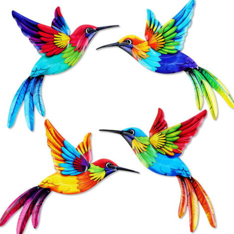 Lot de 4 Décorations Murales en Métal - Colibris Colorés pour Jardin et Intérieur - Sculpture d'Oiseau Style Boho Chic (1/5)