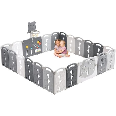 Großer faltbarer Baby-Laufstall 20+2 Paneele, Sicherheitsgitter XXXL Laufstall mit Basketballkorb, Sicherheits-Aktivitätscenter Laufstall, Grau