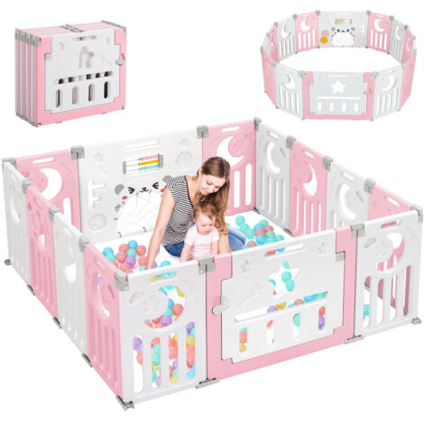 Laufstall aus Kunststoff, 12+2 Paneele für Kinder – zusammenklappbarer Schutzzaun für Babys und Kinder – 150 x 150 x 62 cm – Rosa
