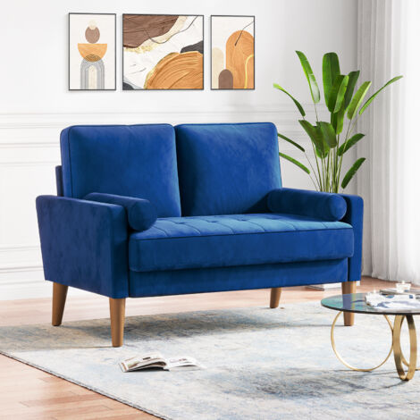 Skandinavisches 2-Sitzer-Sofa, Mini-Sofa mit gerollten Armlehnen aus Samt, Wohnzimmersessel mit Armlehnen, 121 x 77 x 87 cm – Blau
