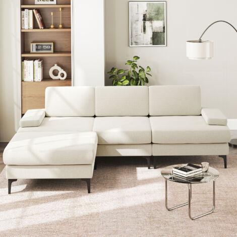 3-Sitzer-Ecksofa in L-Form mit Fußhocker, modernes Chenille-Schlafsofa, 244 x 146 x 83 cm, Beige, rechts