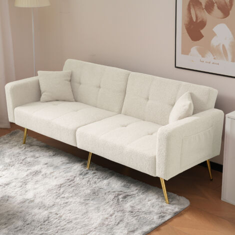 2-Sitzer-Sofa aus Plüsch, verstellbares Klappsofa mit Bettfunktion – Metallbeine + Aufbewahrungstaschen – 2 Kissen – 175 x 64 x 72 cm – Weiß