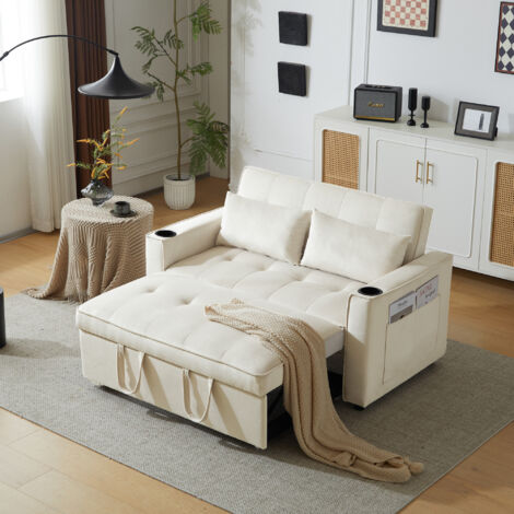2-Sitzer-Schlafsofa aus Samt, multifunktionales Schlafsofa mit Schlaffunktion, klappbares Schlafsofa mit Getränkehalter und Kissen, für Wohnzimmer, Schlafzimmer, Heimkino, 137 x 76,5 x 83 cm, Beige