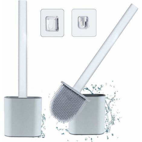 Brosse WC avec sort (Lot de 2) – Brosse WC en silicone avec long manche en plastique antidérapant et kit de sort à séchage rapide (sol/mur), brosse de salle de bain avec poils en silicone propre (1/5)
