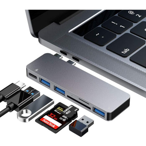 USB-C Hub-Adapter für MacBook Pro/Air 2020, 2019, 2018, 6-in-1 USB-C Zubehör, kompatibel mit MacBook Pro 13″ und 15″ mit 3 USB 3.0 Anschlüssen, TF/SD-Kartenleser, USB-C Power Delivery (Grau) (1/5)