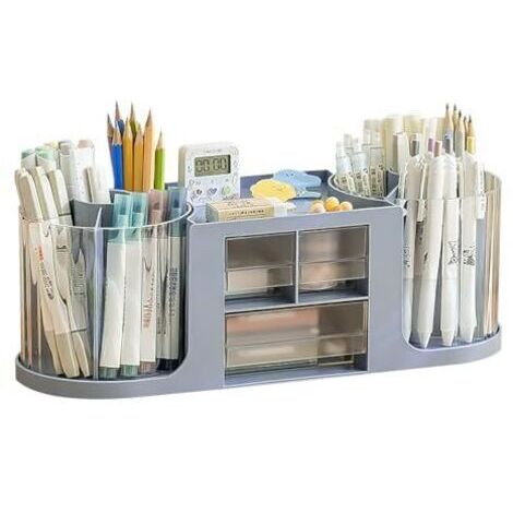 Pair Porte-stylo, organiseur de bureau à double rotation, 14 compartiments, grande capacité, tiroir transparent à double couche, peut contenir des crayons et divers articles de papeterie (bleu) (1/5)