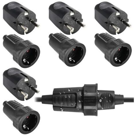 Pair 4 paires de prises et fiches Schuko : fiche de sécurité 250 V 16 A IP54, ensemble de prise et fiche bipolaire en caoutchouc avec serre-câble, fiche Schuko étanche adaptée à une utilis (1/5)
