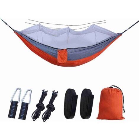 Pair Hamac à ouverture rapide automatique avec moustiquaire Hamac portable de camping en plein air Hamac en nylon anti-renversement,260140cm Orange et Gris (1/4)
