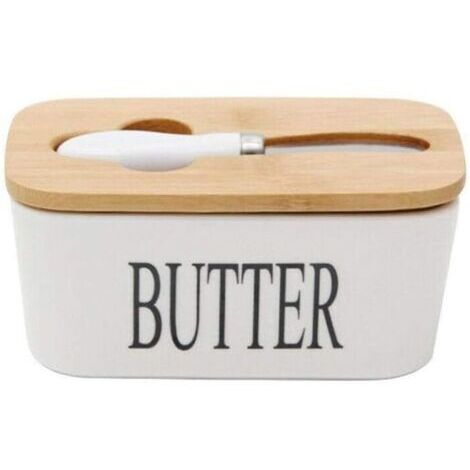 Pair Beurrier en Porcelaine avec Couteau et Couvercle en Bois pour 250 g Blanc 16,5 x 10 x 7,5 cm (1/4)