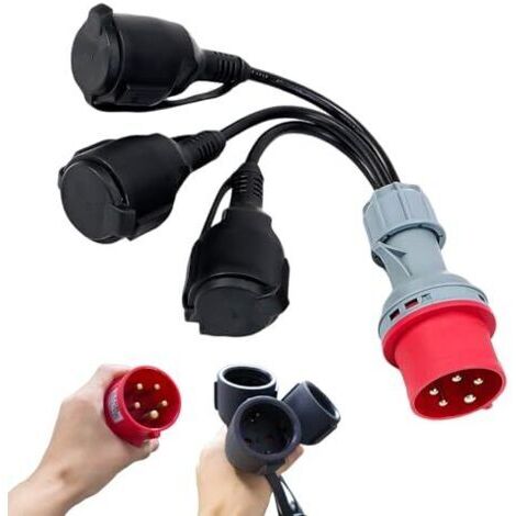 Pair Adaptateur CEE pour répartiteur de courant fort 400 V 16 A vers 3 rallonges de couplage 230 V, câble adaptateur camping avec couvercle à charnière et fiche de sécurité, pour caravanes, industrie, (1/5)