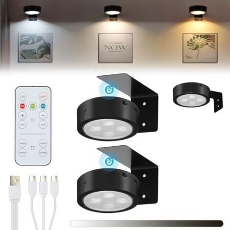 Pair Lot de 3 lampes LED sans fil pour tableaux, rechargeables par USB, éclairage doré pour cadres photo avec télécommande, 3 températures de couleur, lampe à fléchettes à intensité variab (1/5)