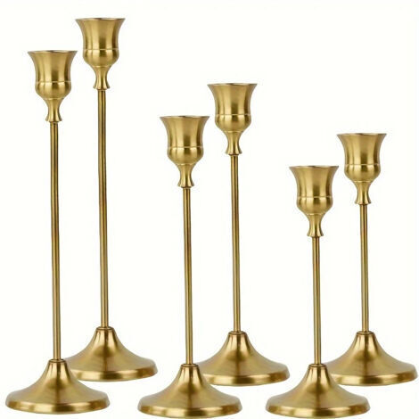 Pair Bougeoir Chandelier Doré Métal - 1 lot / 6 Bougeoirs Décoratifs pour Bougies Coniques pour Cheminée, 15/19/24cm Centre de Table Mariage Noel Maison Décoration (1/3)