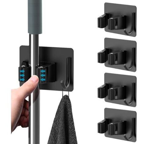 Pr 4 Pièces Porte Balai, Auto Adhésif Accroche Balai Mural sans Perçage, Mop Support avec Crochets pour Cuisine Salle de Bain Jardin Noir (1/5)