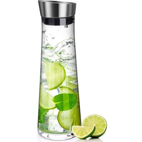 Pr Carafe en Verre,Carafe en verre anti-carafe en verre de 1 litre avec couvercle à clapet en acier inoxydable pour eau, lait, jus et limonad (1/5)