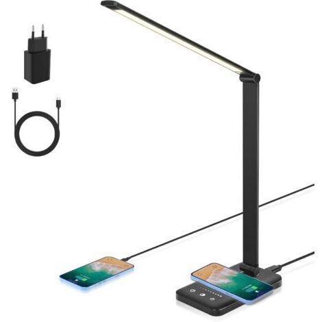 Pr Lampe de Bureau LED, Lampe de Table Dimmable Charge sans fil 7.5 W et Port de Charge USB Lampe de Lecture Pour la Protection des Yeux, 5 Niveaux de Luminosité, 5 Couleurs Lampe [Classe énergétique
