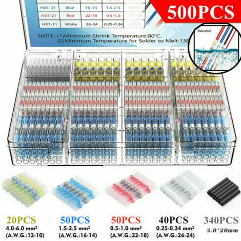 Pr 500Pcs Cosses Electriques Souder Gaine Thermorétractable, Thermorétractables Souder Bout À Bout Seal Connecteurs Electriques Isolés Etanche Marine Marine Automobile Cuivre TREETALK (1/4)