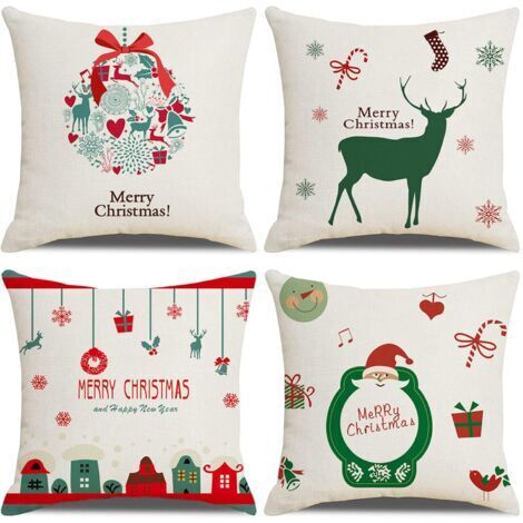 Pr Housse De Coussin Noël, Lot de 4 Wapiti Noël Coton et Lin Décoratif Taie d'oreiller 45 x 45 cm (1/5)