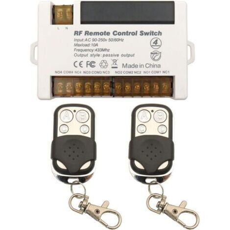 Pr Commutateur à distance de Relais sans Fil à 4 Canaux 433MHz Télécommande RF AC 230 220V 10A Récepteur de Relais avec porte-clés à 2 Émetteurs, Grand Terminal Câblage Facile (1/4)
