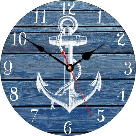 Pr 34 cm Blanc Ancre Schéma Horloge Murale, Non tic-tac Silencieux Horloges, Nautique Rétro en Bois Chiffre Arabe Horloges, Facile à Lire Pendules murales pour la Cuisine/Le Salon/Chambre (1/5)