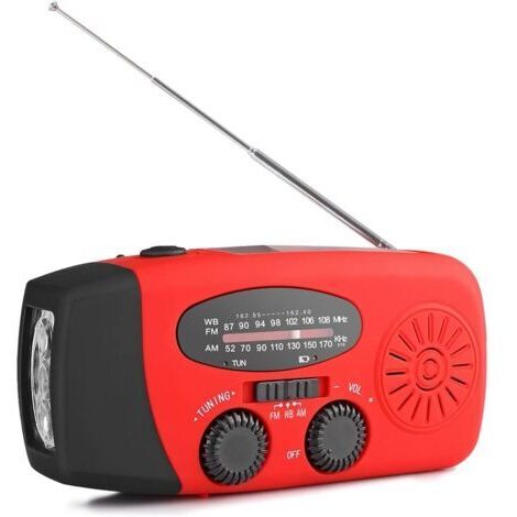 Pr Radio Solaire Portable, Main Manivelle Self Powered AM/FM/NOAA Radio, Dynamo Météo Radio Appareil d'urgence avec 3-LED Lampe de Poche et Chargeur de Téléphone pour Randonnée Camping Rouge (1/5)