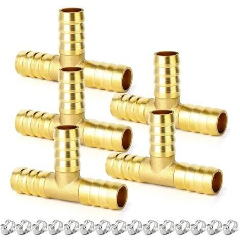 Pair 5 pièces Raccord en T cannelé en laiton de 10 mm, raccord cannelé en T à 3 voies avec 15 colliers de serrage en acier inoxydable pour eau, air, gaz et plomberie (1/5)