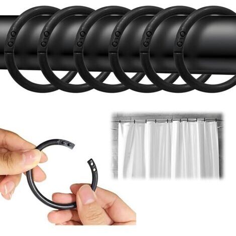 Pair Lot de 24 anneaux de rideau de douche en plastique noirs, adaptés à la plupart des tringles à rideaux de douche (1/5)