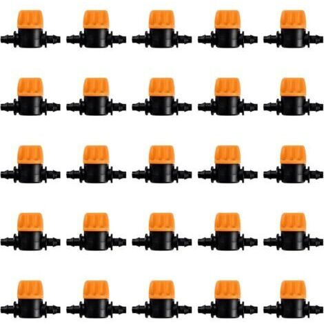 Pair 25 Pièces 4/7 Vanne D'irrigation, Mini Valves de Contrôle pour Tuyau d'arrosage 4/7mm, Valves d'arrêt Cannelées 1/4 Pouce Tuyau d'irrigation Goutte à Goutte, Mini Tuyau Vanne d'eau Travers